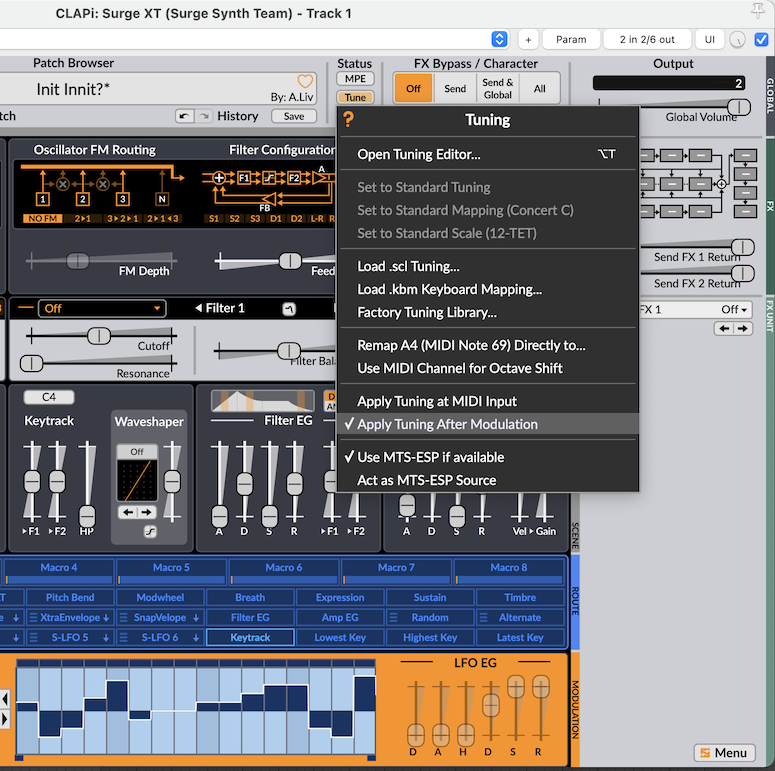 Illustration 12: Surge XT tuning menu with "Apply Tuning After Modulation" selected